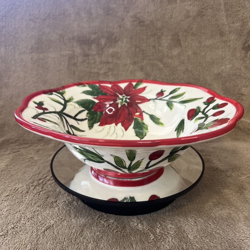Poinsettia‎ Christmas Bowl Handpainted Scalloped Rim 10" Diameter Centerpiece